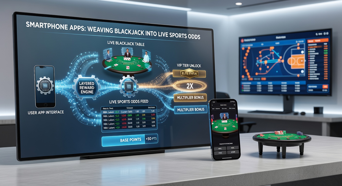 App-Oberfläche mit gestaffelten Belohnungen, Blackjack-Tisch und integrierten Sportwetten